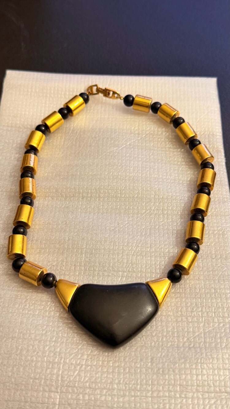 Vintage Napier Gold Tone and Black Resin Geometric Beaded Necklace